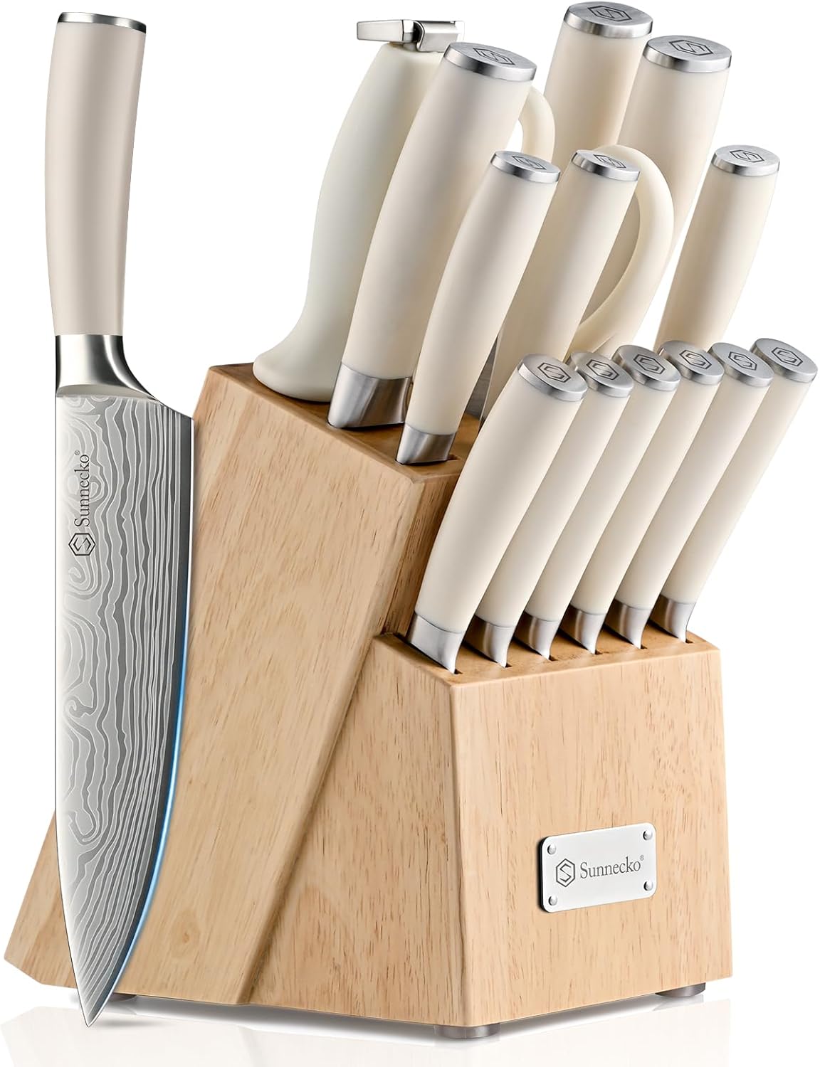 Sunnecko Knife Set with Block and Sharpener for Every Kitchen