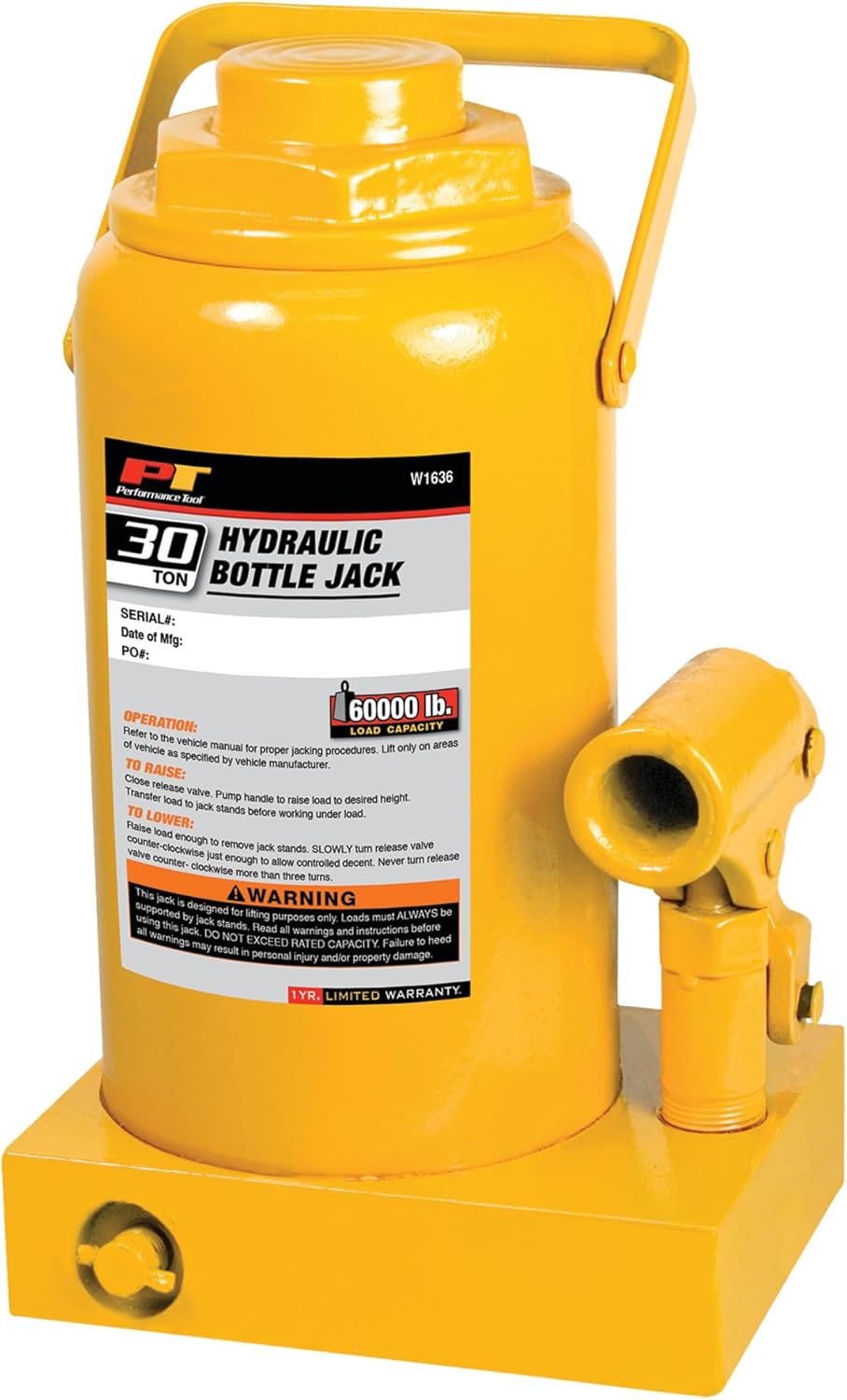 Performance Tool W1636 30 Ton Heavy Duty Hydraulic Bottle Jack