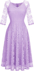 Dressystar Womens Long-Sleeve Lace Midi Dress - Elegant A-Line Midi