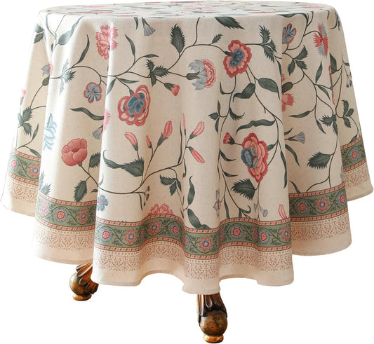 Designer Chinoiserie Linen Floral Small Round Tablecloth for Dining