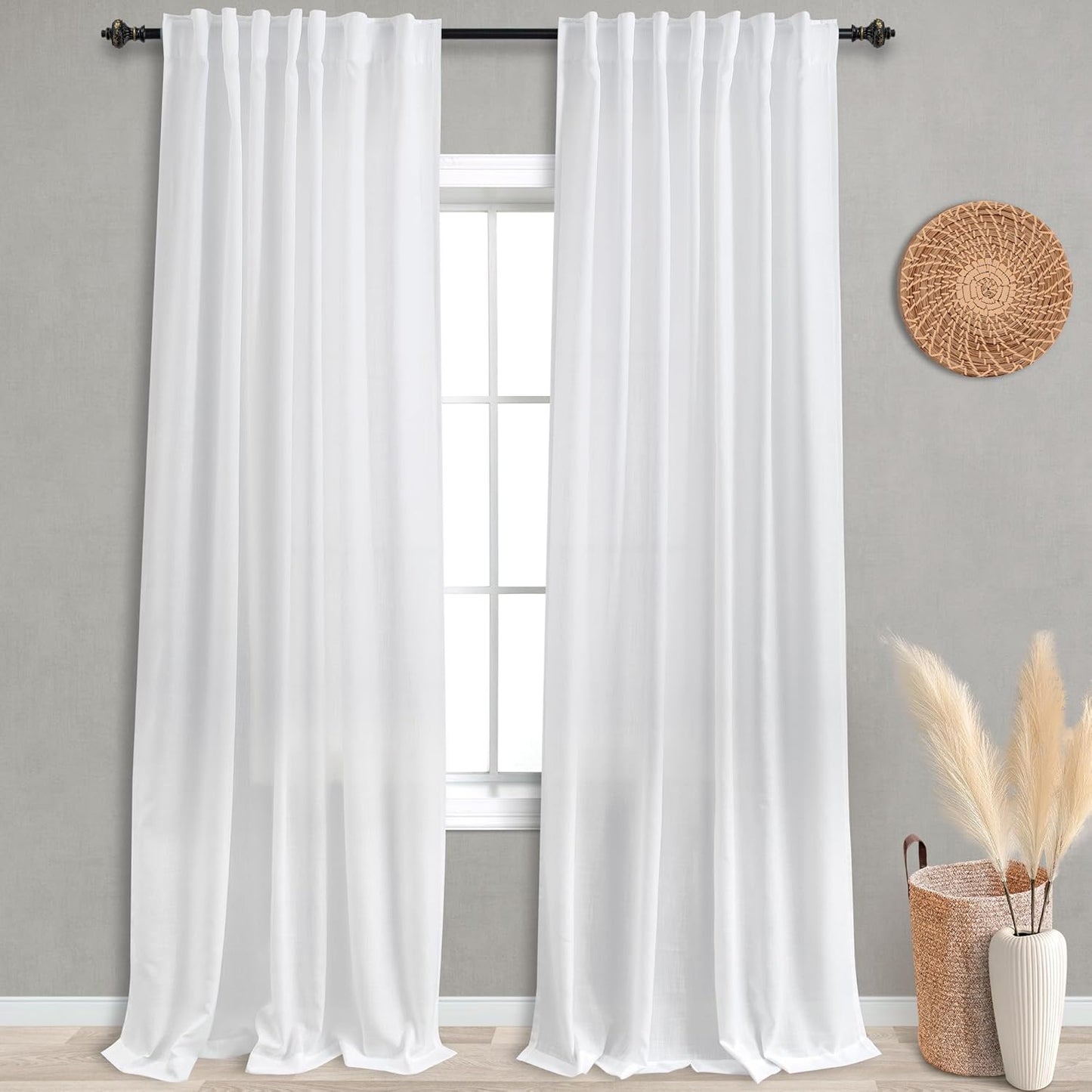 KOUFALL White Linen Sheer Curtains for Living Room 96 Inches