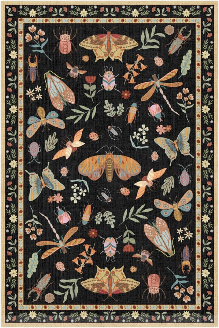 Insect Print Washable Area Rug - Stain Resistant & Non-Slip - 4x6 - Black