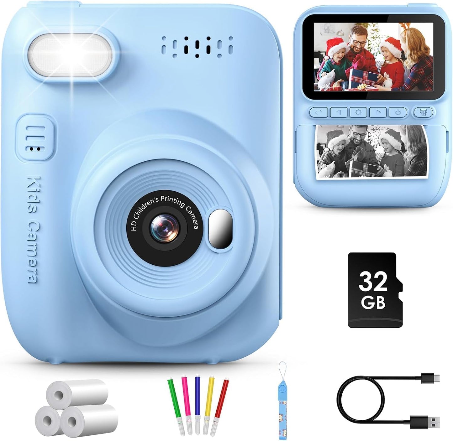 Instant Print Kids Camera + HD Screen, 32GB Card & Printer Paper - Perfect Gift for Kids 3-10