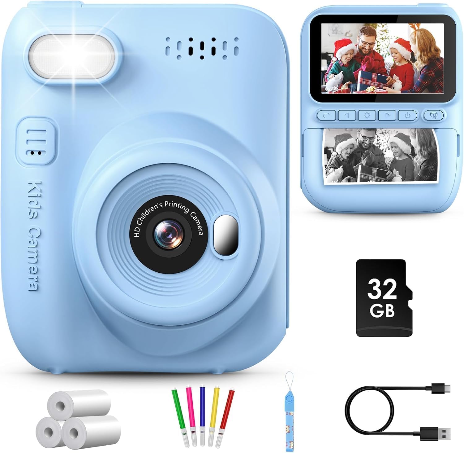Instant Print Kids Camera + HD Screen, 32GB Card & Printer Paper - Perfect Gift for Kids 3-10