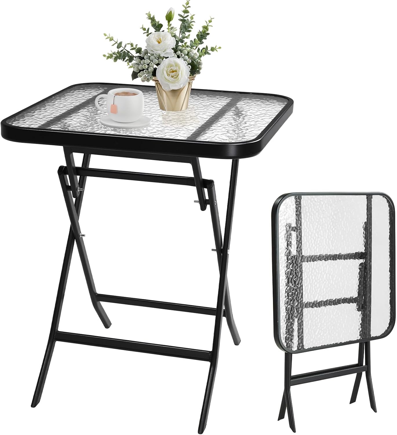 Folding Glass Outdoor Side Table for Lawn & Garden Use