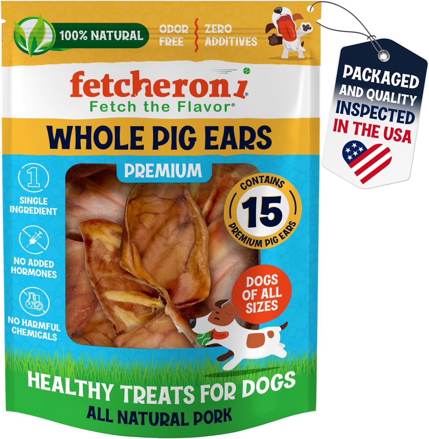 Whole Pig Ears for Dogs - Long Lasting Dental Chews 15 Pack