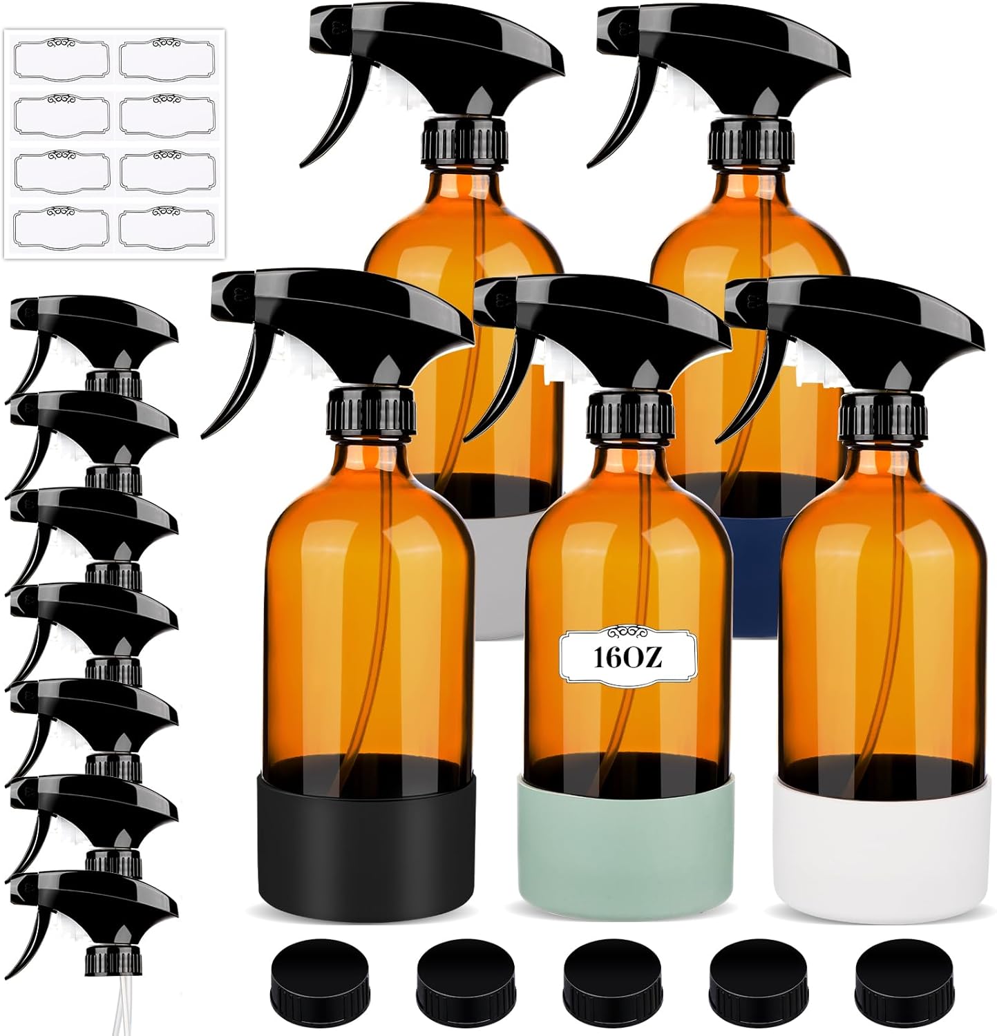 5 Pack Amber Glass Spray Bottles - Upgraded Nozzle for Cleaning & Oils