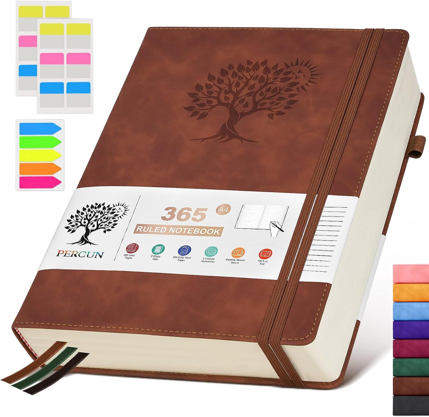 PERCUN Large Leather Journal Notebook365 Pages Smooth 100Gsm for Productivity
