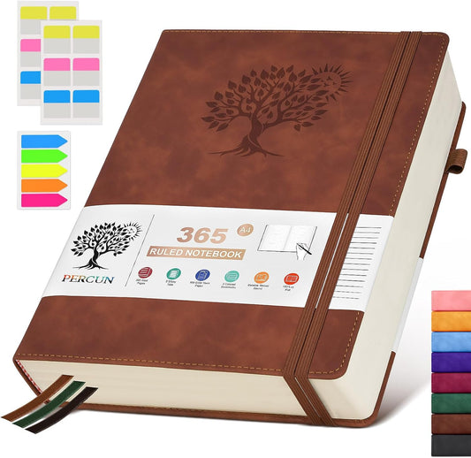 PERCUN Large Leather Journal Notebook365 Pages Smooth 100Gsm for Productivity