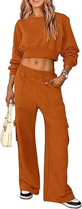 PRETTYGARDEN Womens Fall 2 Piece Sweatsuit Set - Cozy Wide Leg Cargo