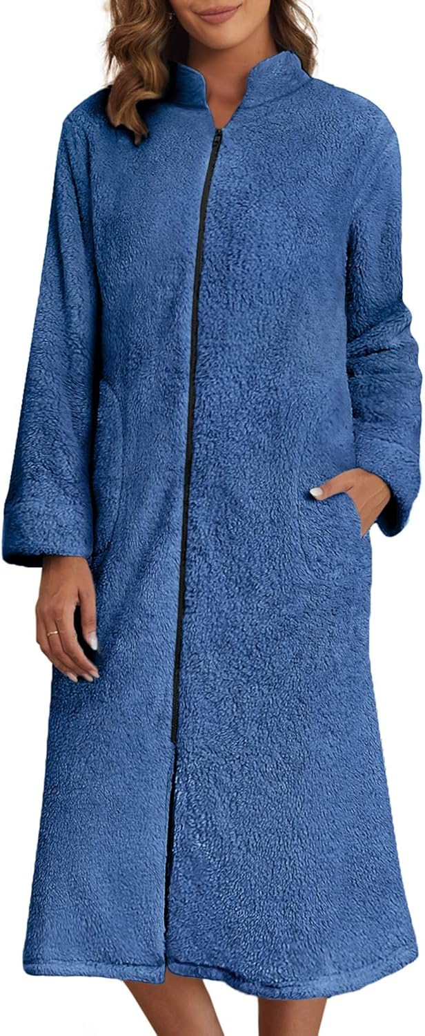 Ekouaer Women's Zip Up Robe Fleece Bathrobe for Comfort