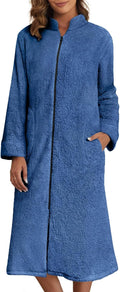 Women's Zip Up Fleece Robe with Pockets - Warm Zip Front Lounger