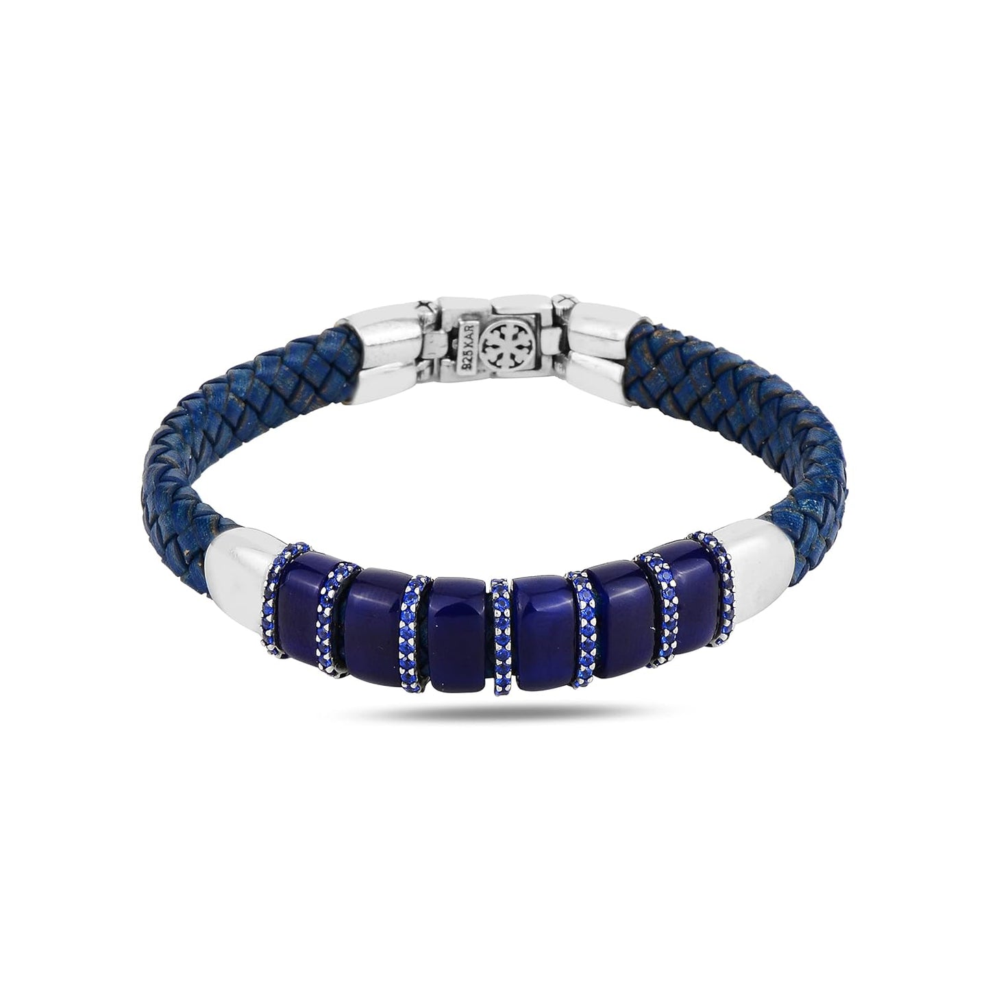 Men's Silver Blue Leather Bracelet with Natural Sapphire Stone