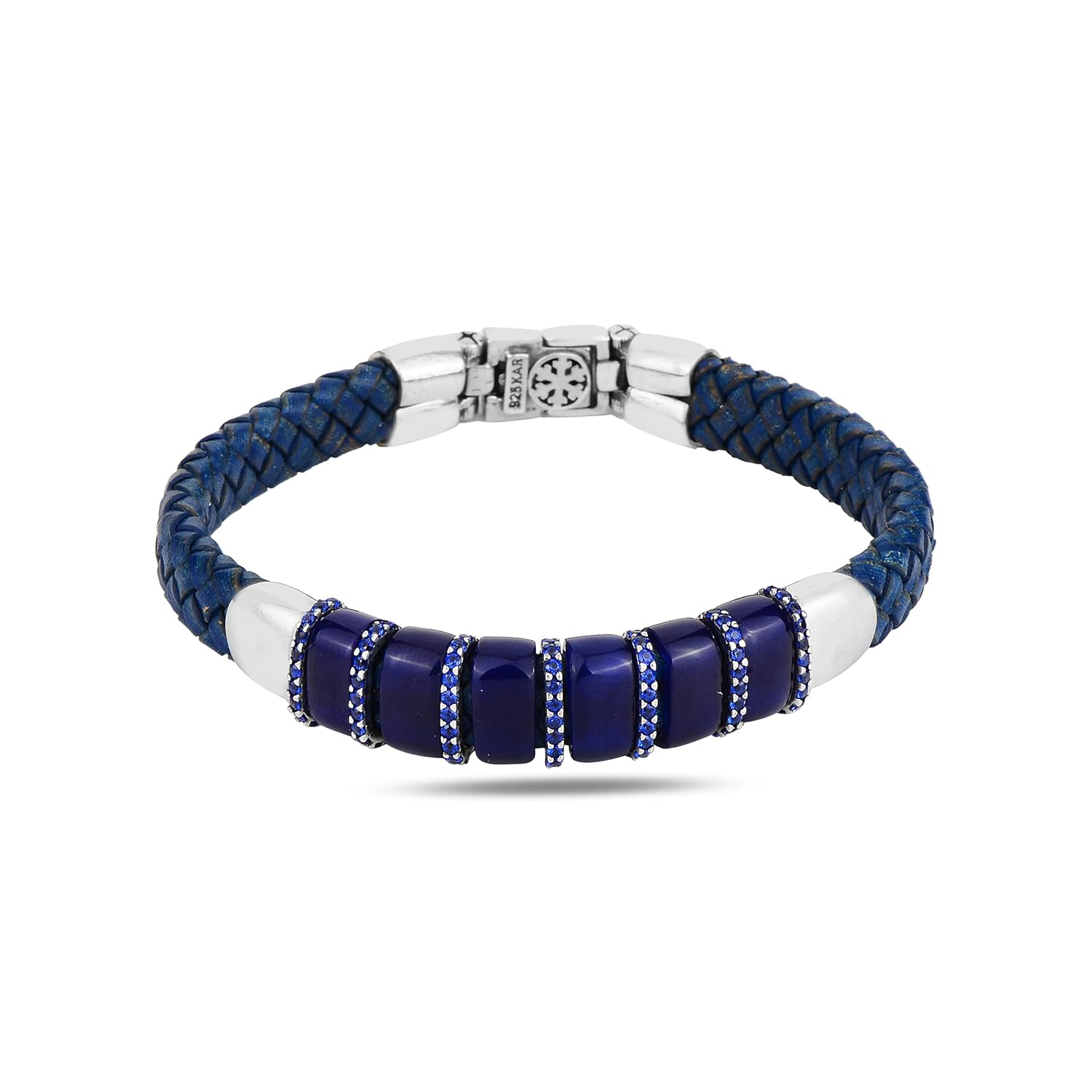 Men's Silver Blue Leather Bracelet with Natural Sapphire Stone
