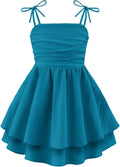 Girls Summer Spaghetti Strap Flowy Tiered Ruched Smocked Back Midi