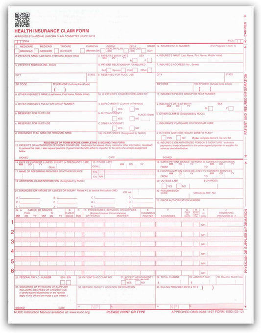 CMS 1500 Insurance Claim Forms - Laser Compatible 2500 Sheets