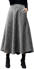 Womens Plaid Wool Skirt A-Line Pleated Mid-Length - Warm Classic Style