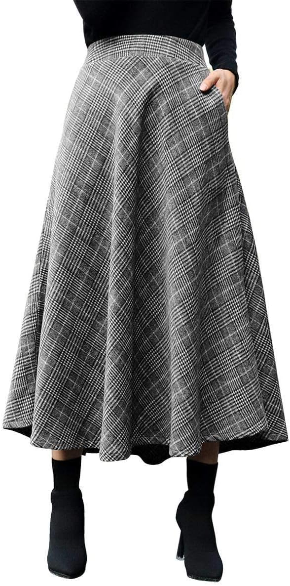 Womens Plaid Wool Skirts with Elastic Waist for Fall Style