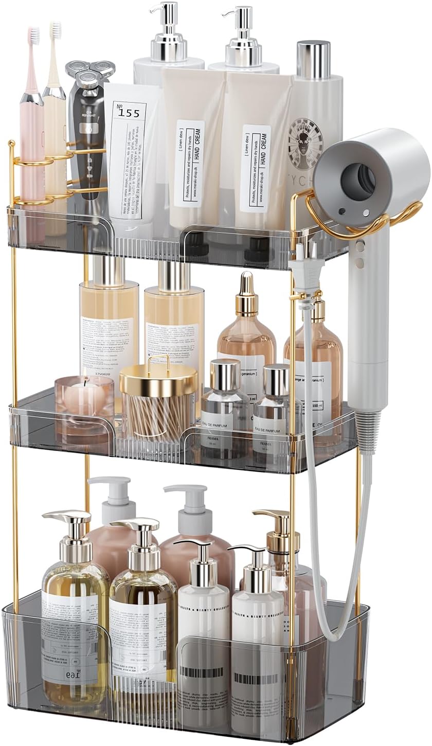 3 Tier Bathroom Organizer with Hair Dryer Rack and Toothbrush Holder