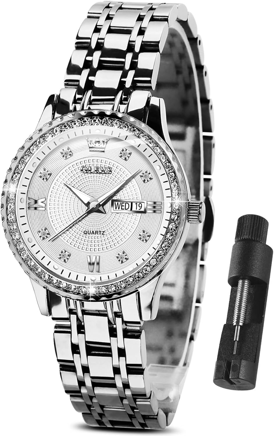 Silver Diamond Date Watch - Waterproof Luxury