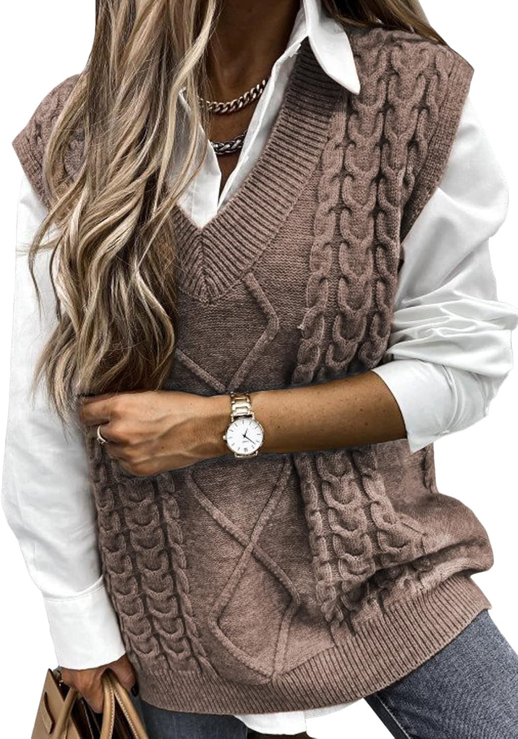 EVALESS Oversized Sweater Vest for Women - Stylish V Neck Design
