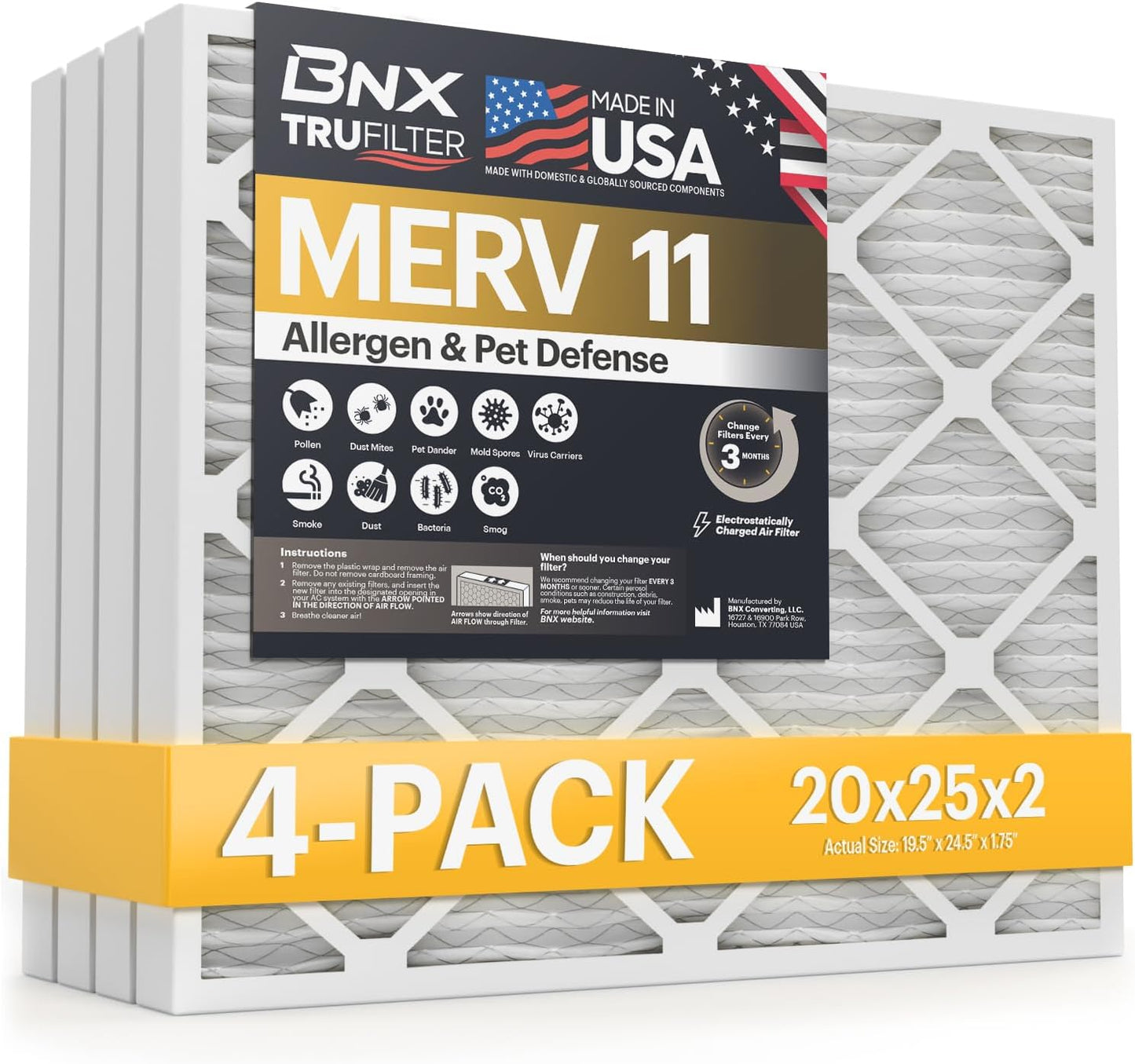 BNX TruFilter 20x25x2 Air Filter MERV 11 for Allergies & Dust