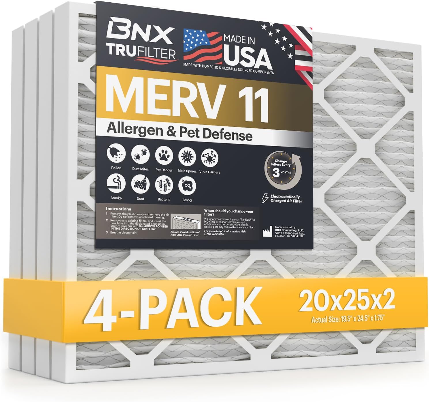 BNX TruFilter 20x25x2 Air Filter MERV 11 for Allergies & Dust