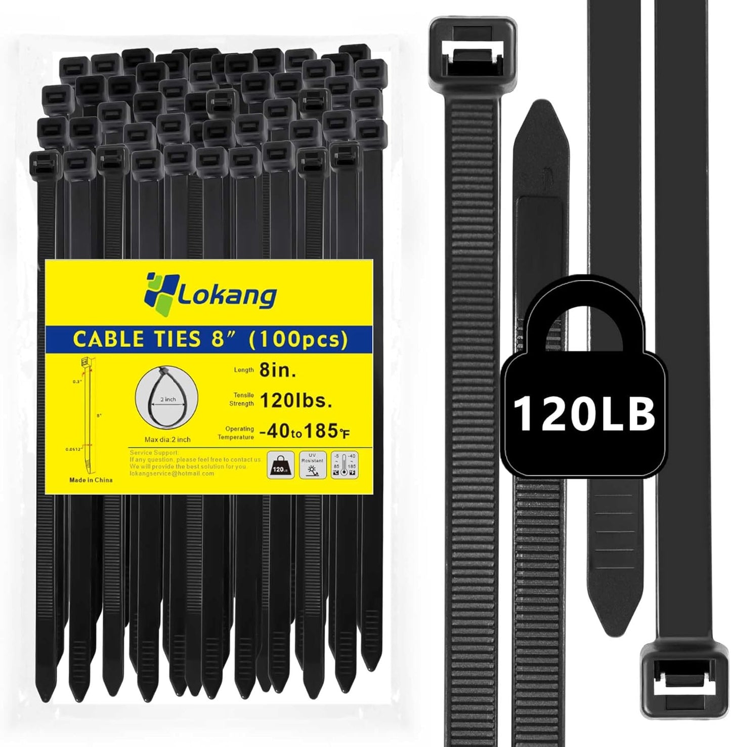 LOKANG 8 Inch Heavy Duty Zip Ties - 120 LBS Strength - 100 Pack
