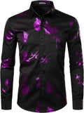ZEROYAA Mens Hipster 3D Golden Rose Floral Slim Fit Button