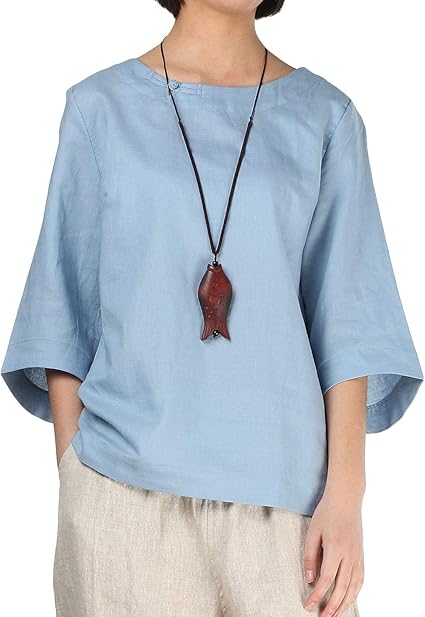 Minibee Women's Loose Cotton Linen Blouse with Frog Buttons