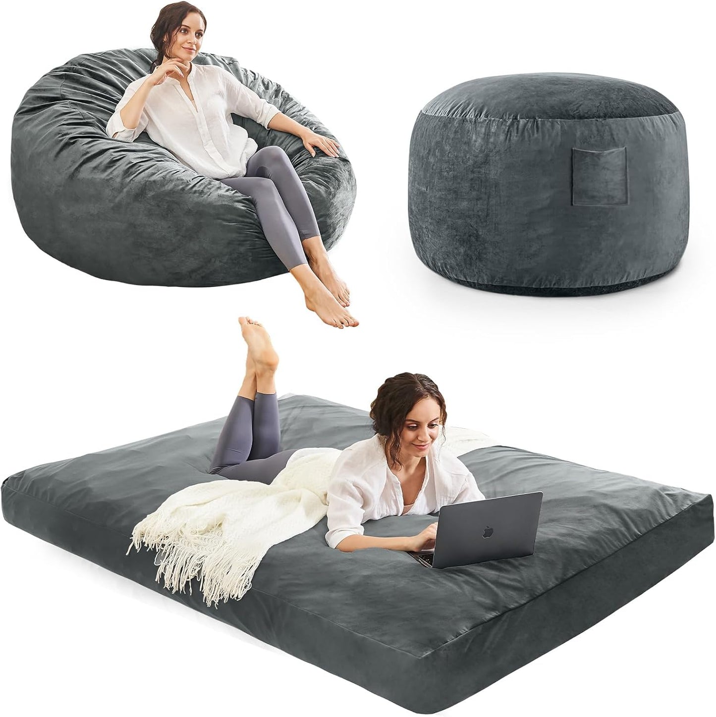 Giant Convertible Bean Bag Bed - Micro Fiber Cover - Full Charcoal