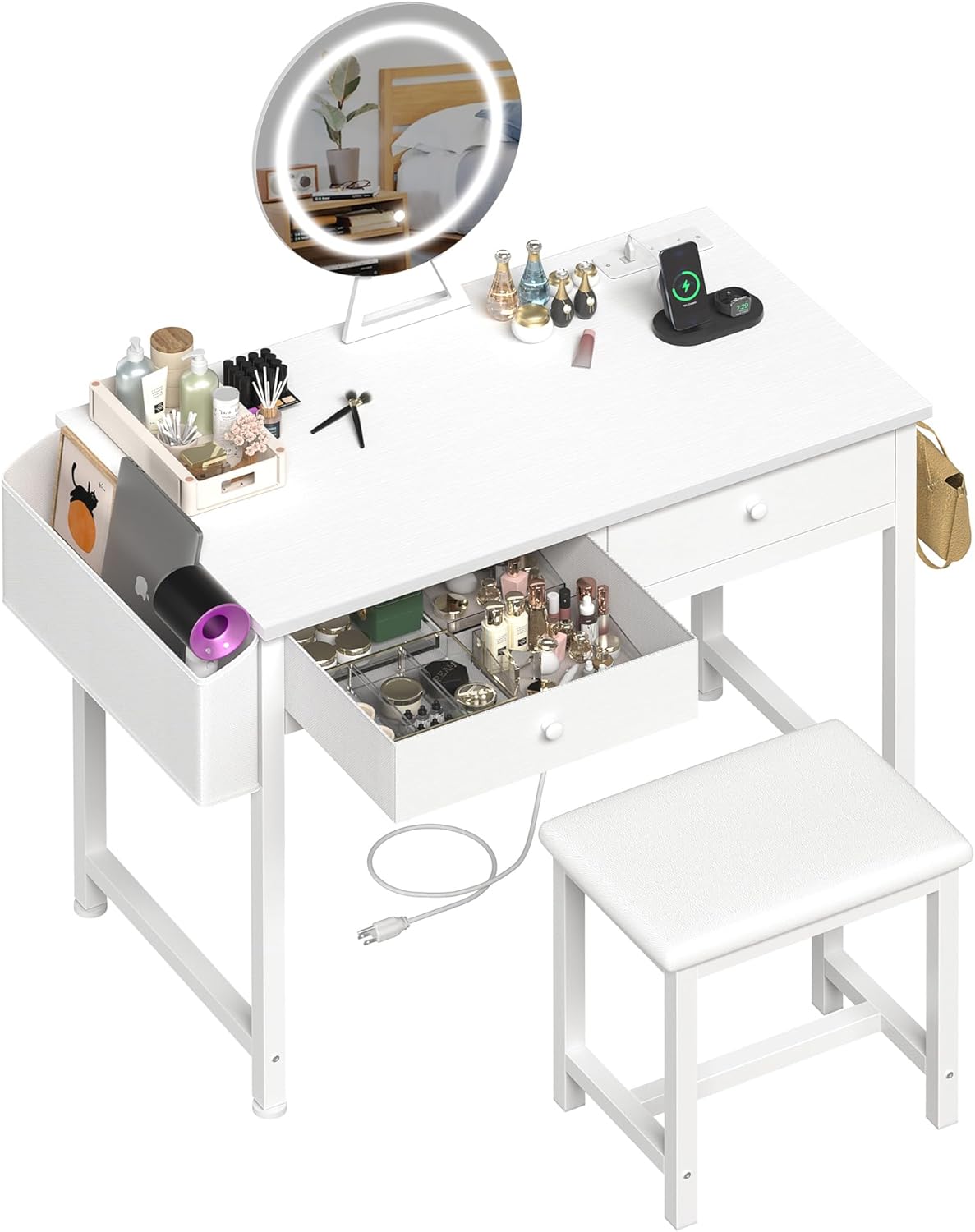 White Vanity Desk with Mirror & Lights - Small Modern Makeup Table