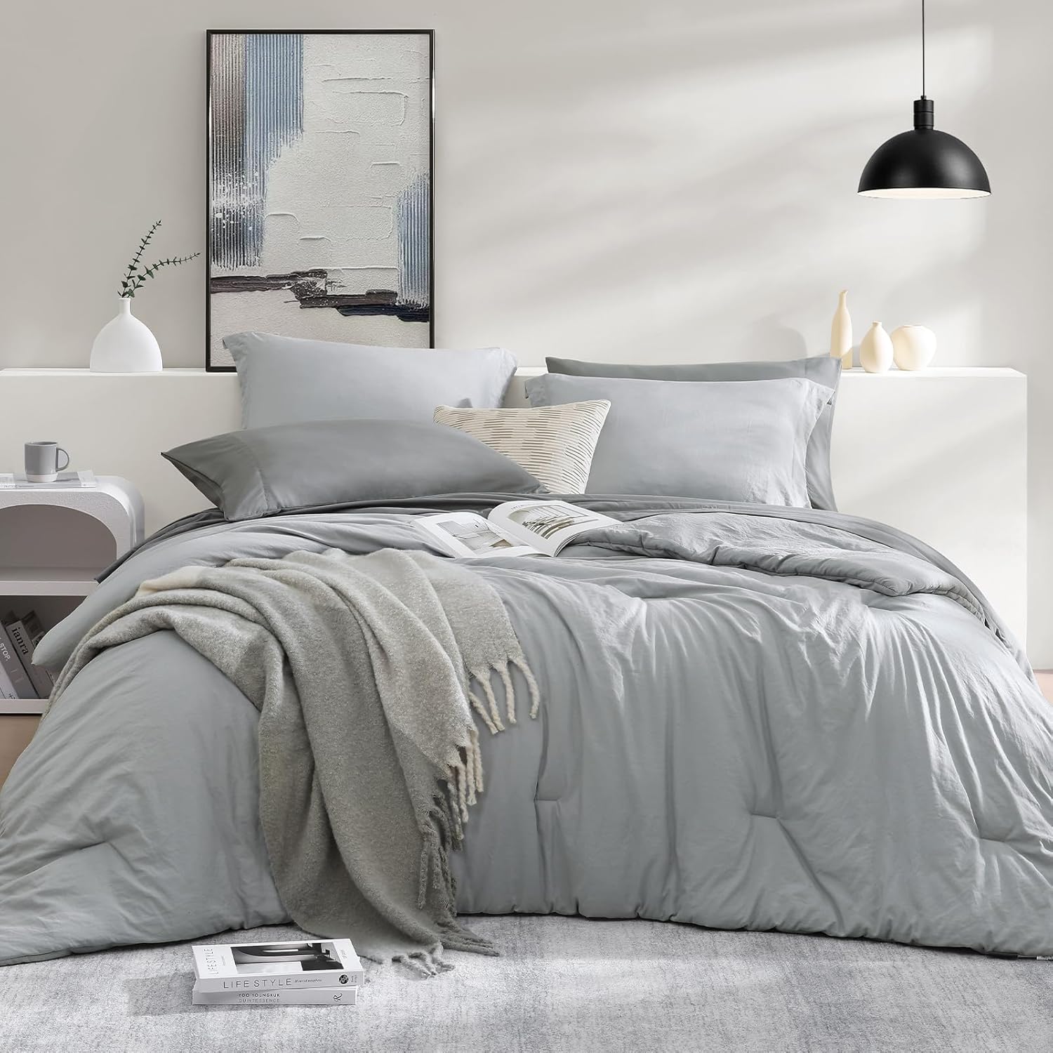 WRENSONGE Queen Comforter Set - 7 Pieces Soft Light Grey Bedding