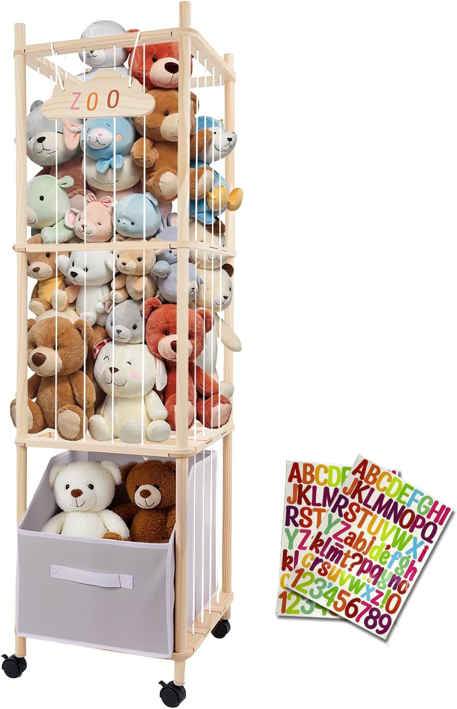 Wood Stuffed Animal Storage with Wheels for Kids Playroom