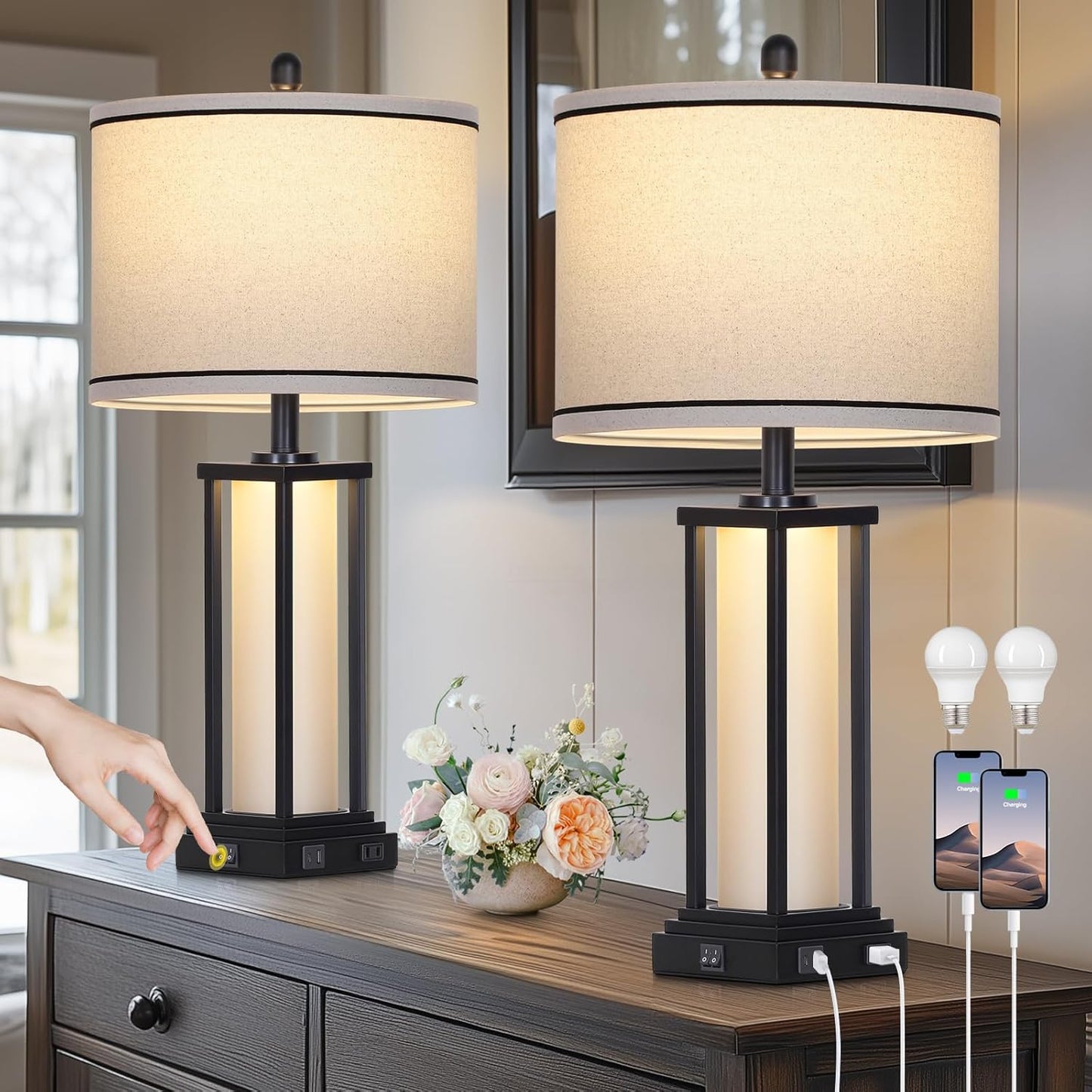 27 Inch Tall Vintage Table Lamp Set with USB C+A & Outlet