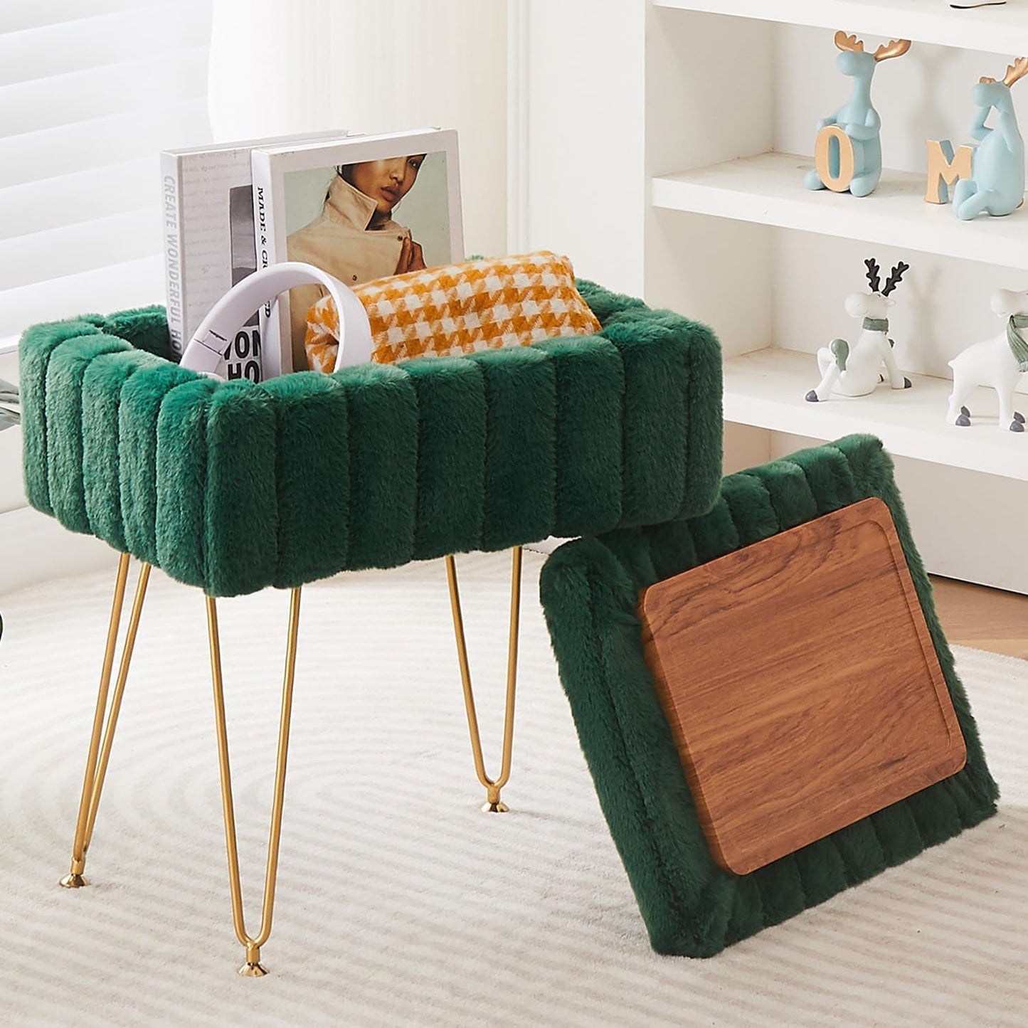 Faux Mink Fur Storage Ottoman for Modern Living Spaces