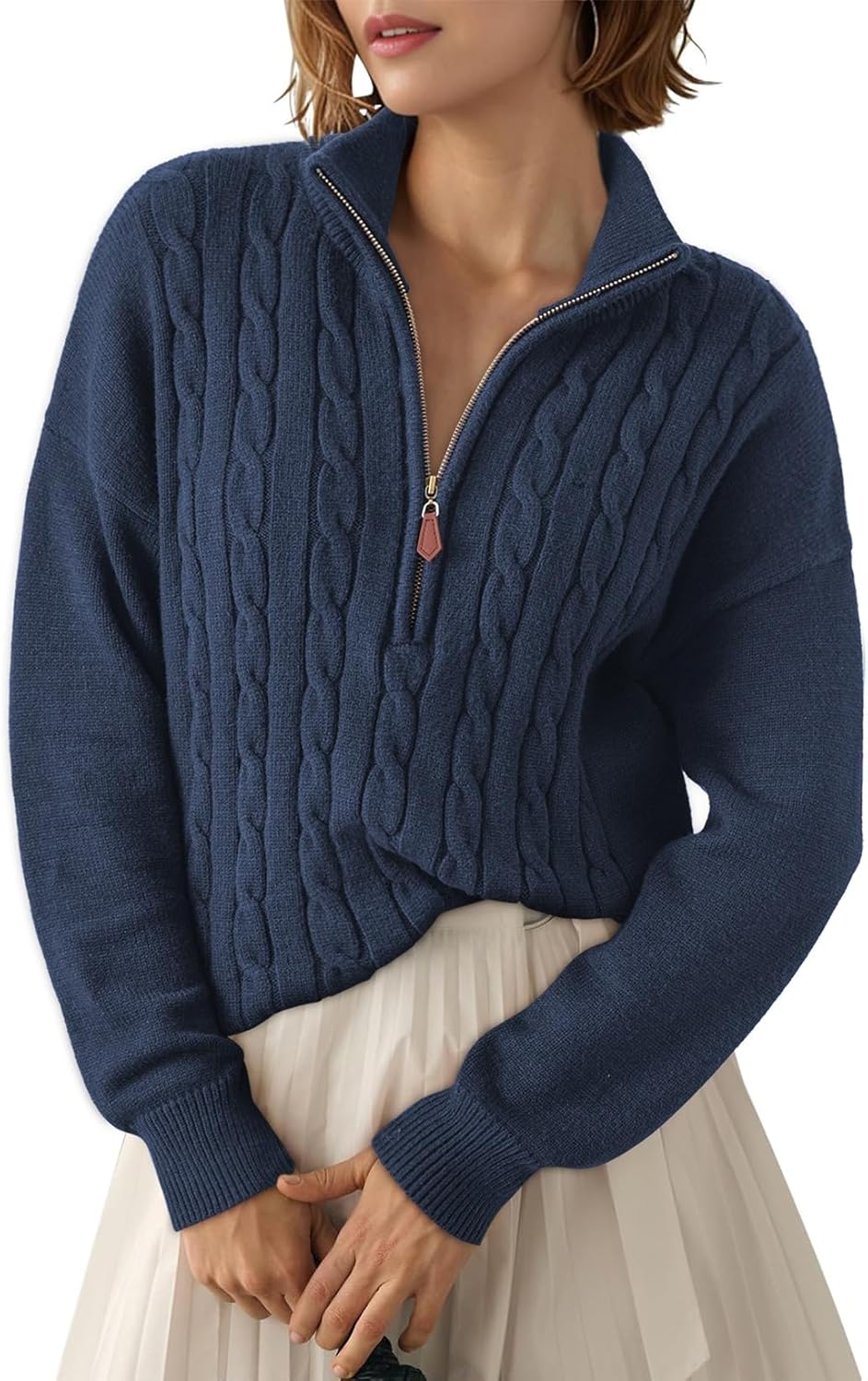 Dokotoo Women's Quarter Zip Casual Ribbed Cable Knit Pullover