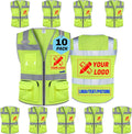 Custom Logo Safety Vest 10 Pack - High Visibility Mesh Zipped Pockets