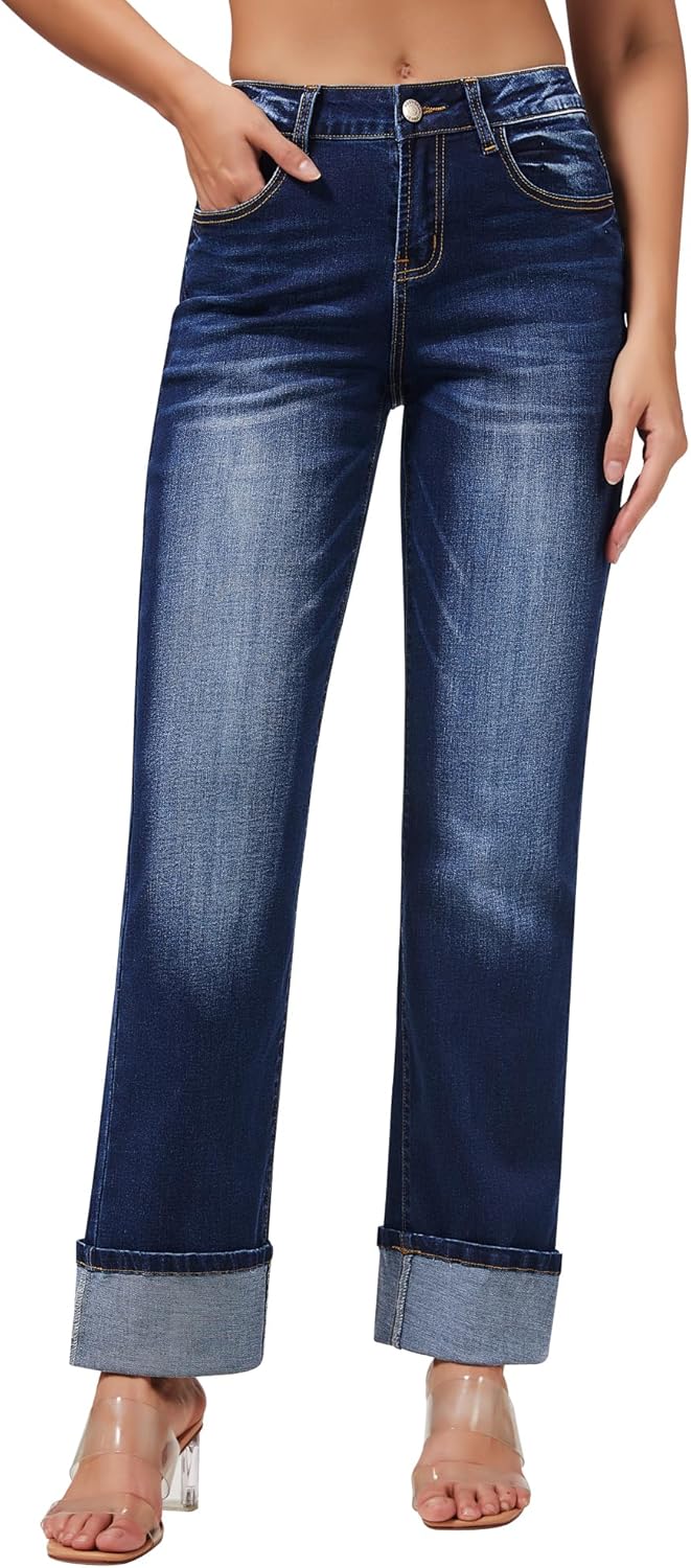 Roswear Womens Straight Leg Jeans High Waisted Boyfriend Style