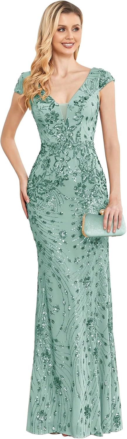 Womens Sequined Long Evening Gown for Wedding Party Events
