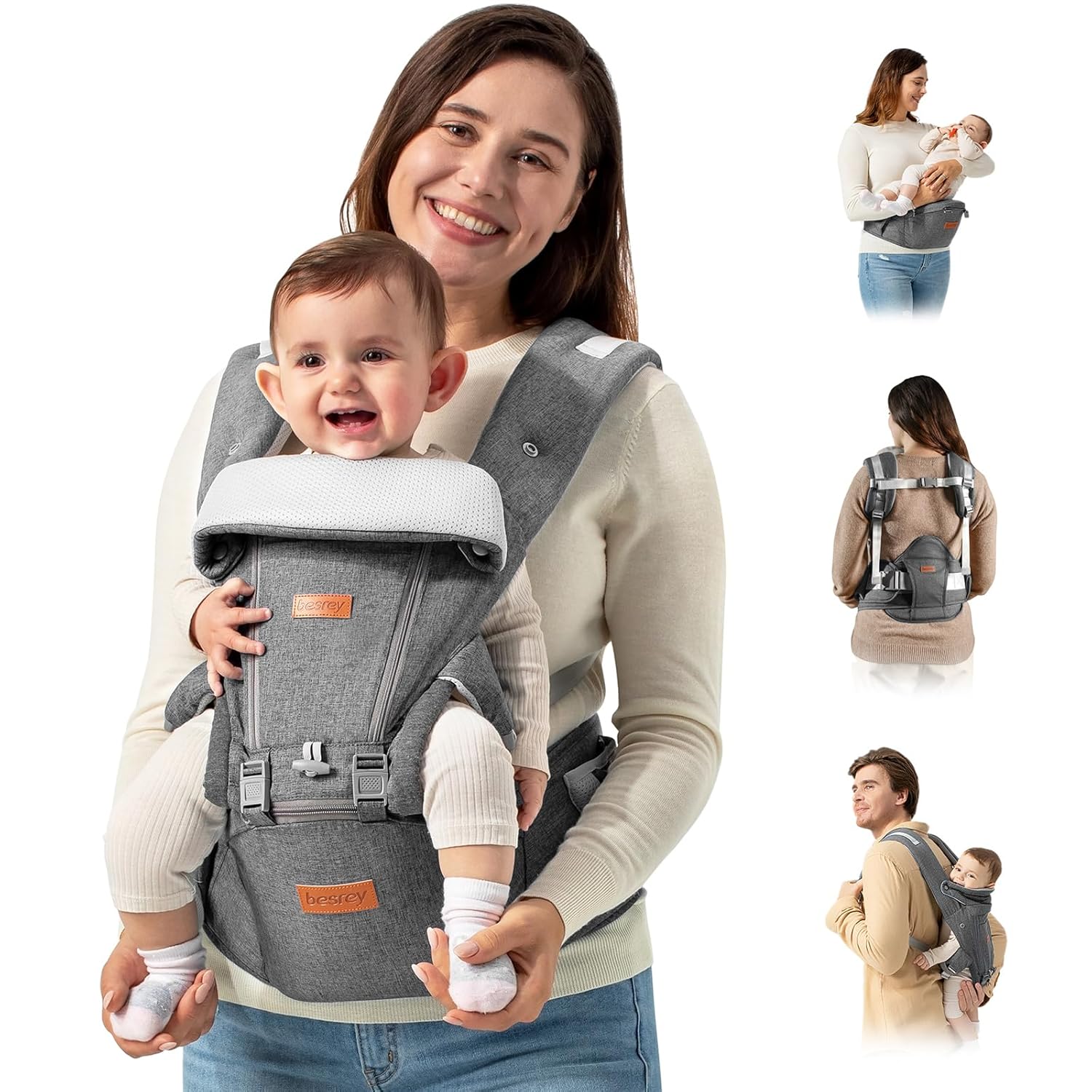 Besrey Baby Carrier with Hip Seat - Comfortable Support for 7-45lb Babies