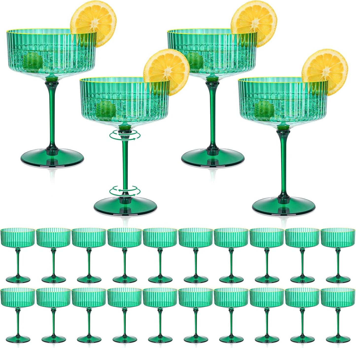 24 PCS Vintage Green Martini Glasses with Gold Rim for Parties