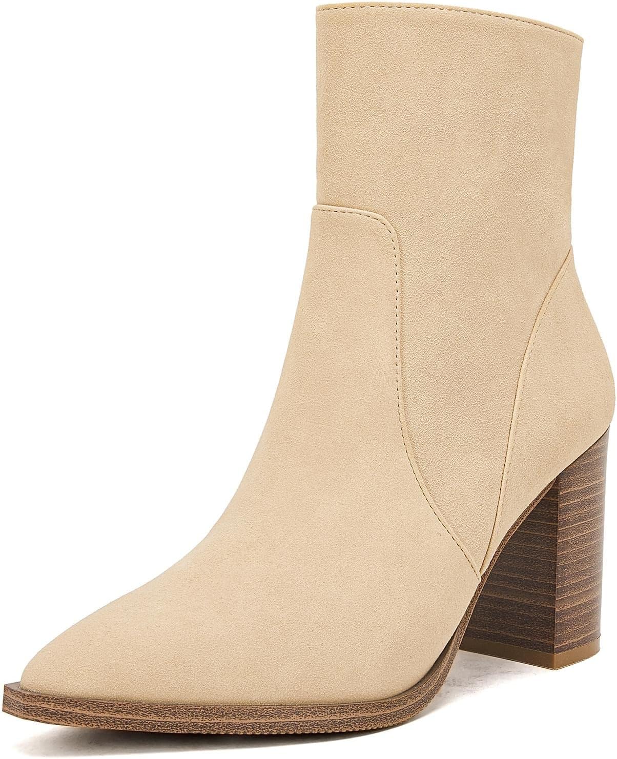LAICIGO Women's Pointed Toe Ankle Boots with Chunky Heel