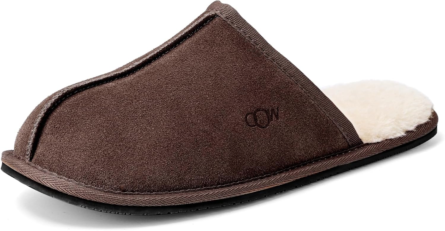 OOW Mens Slippers Genuine Suede Cozy Fuzzy Memory Foam Shoes