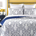 Reversible King Quilt 3-Piece Blue Embroidery Pattern - Elegant Cotton