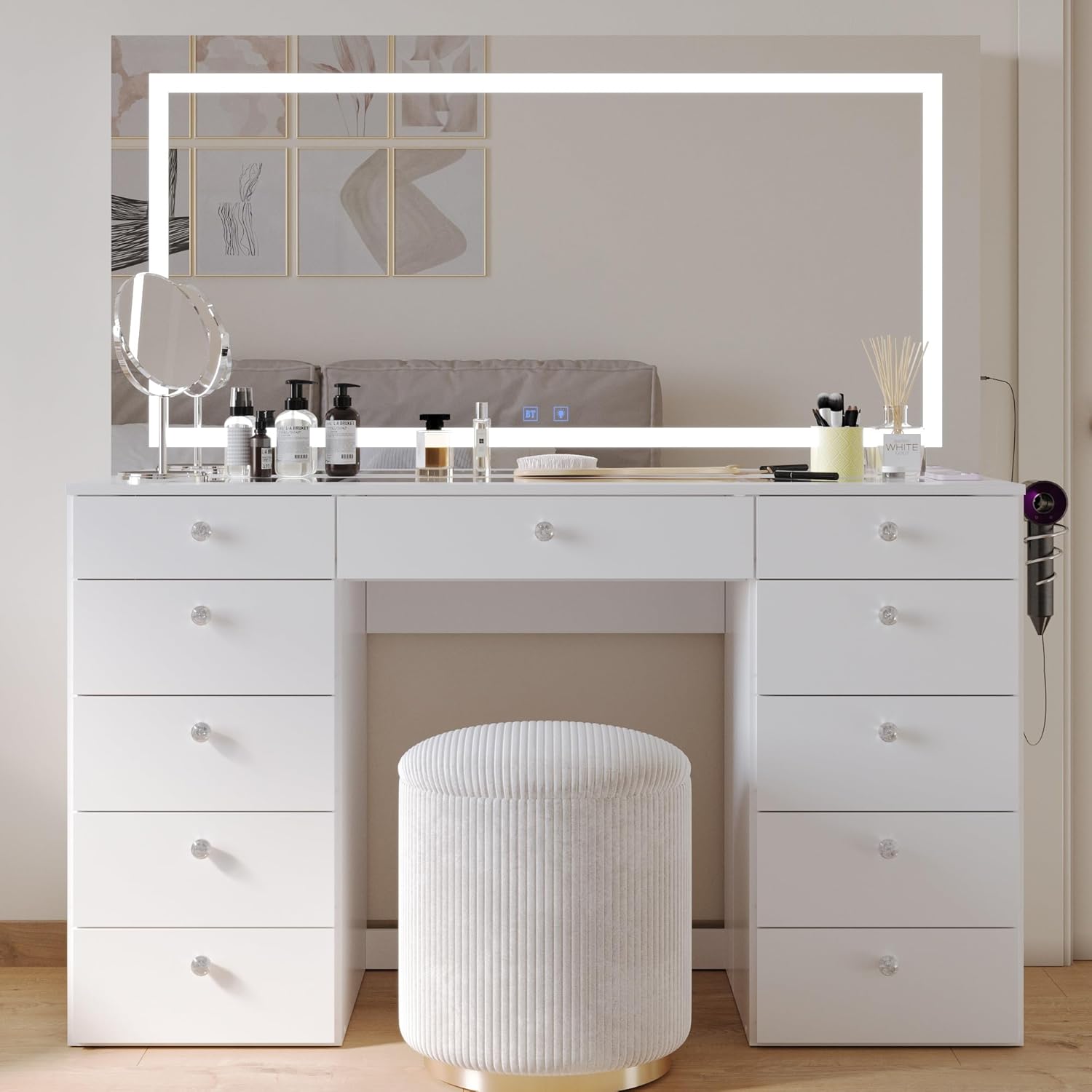 Boahaus Orla - Bluetooth Vanity Desk, Crystal Knobs, LED Lights
