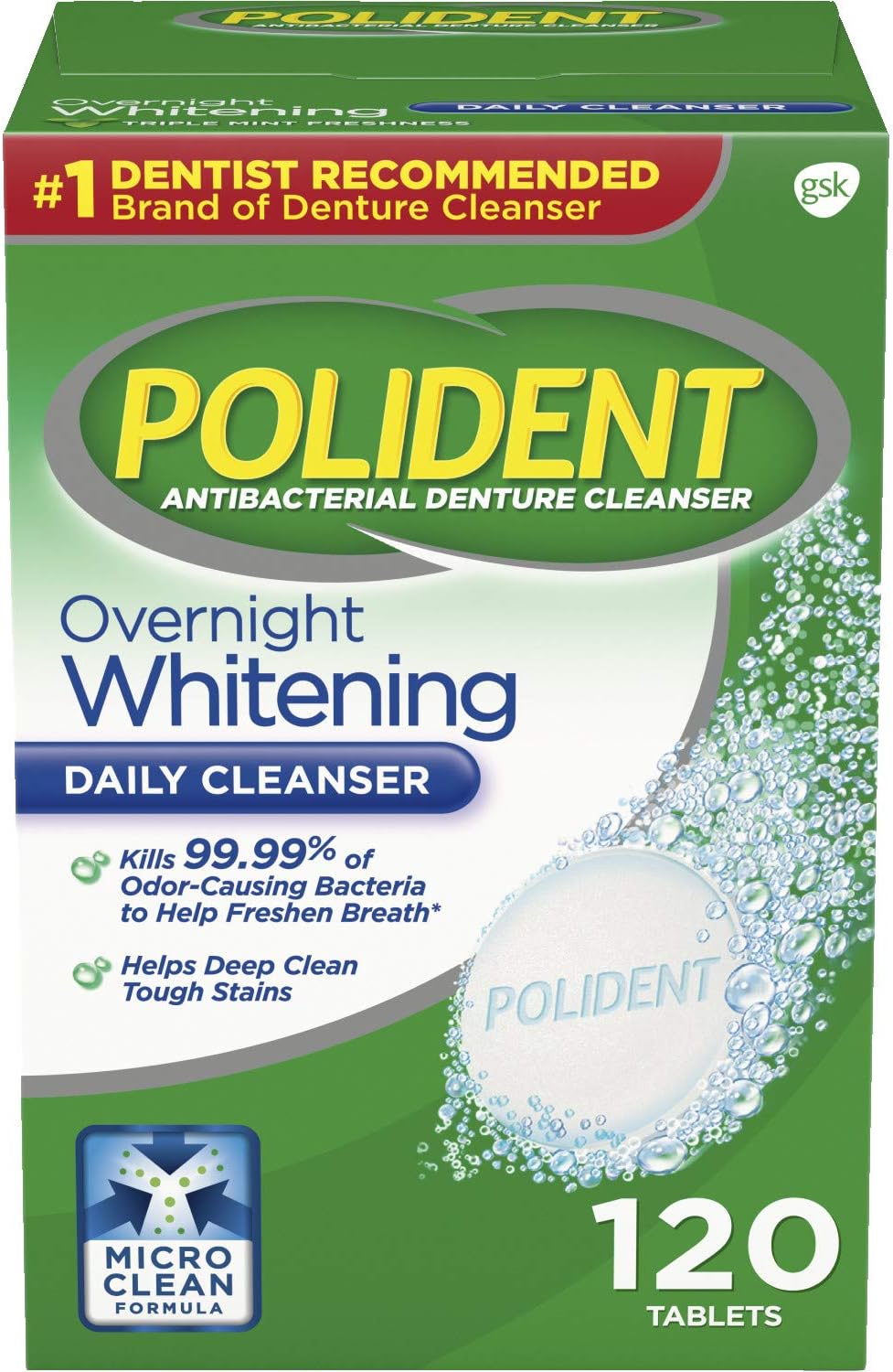 Polident Overnight Whitening Denture Cleanser - 120 Tablets Pack
