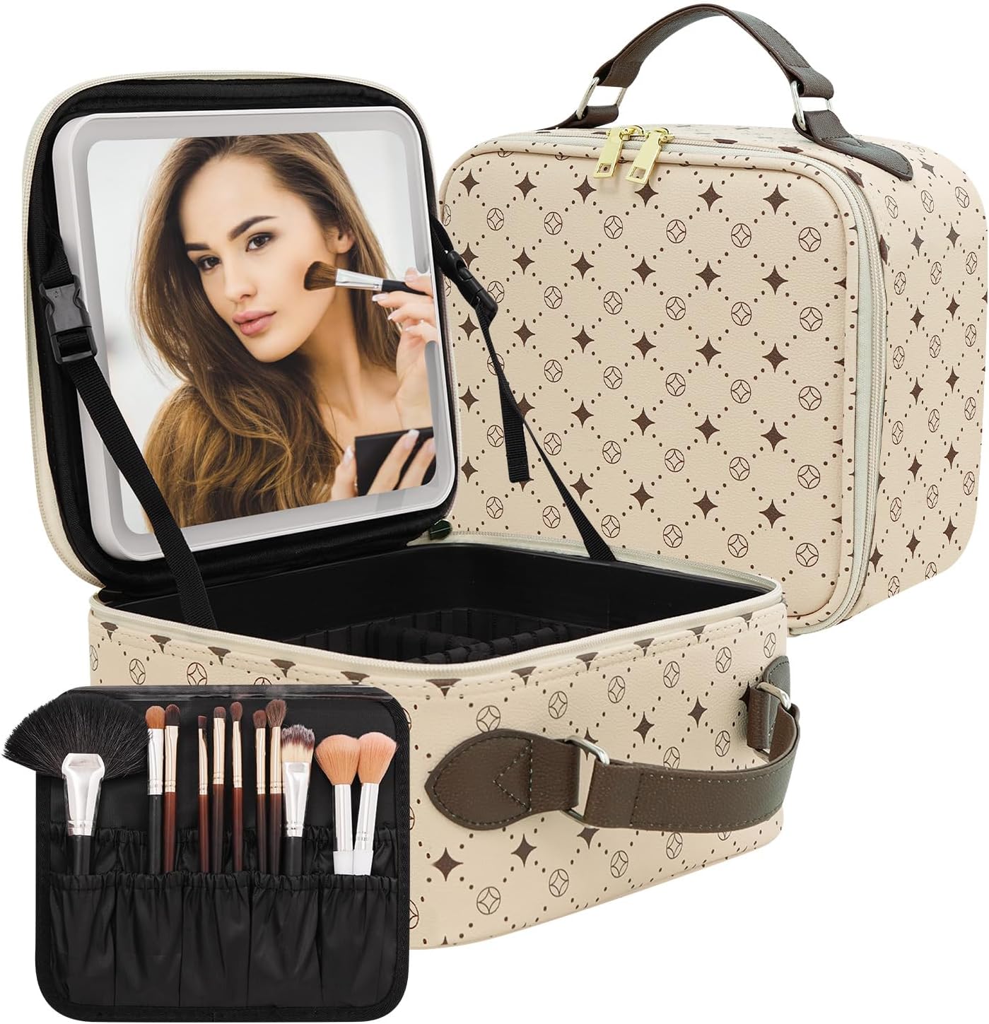 Travel Makeup Bag with 360 Rotating LED Mirror for Women