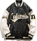 Mens Faux Leather Varsity Jacket Vintage Racing Graphic Bomber