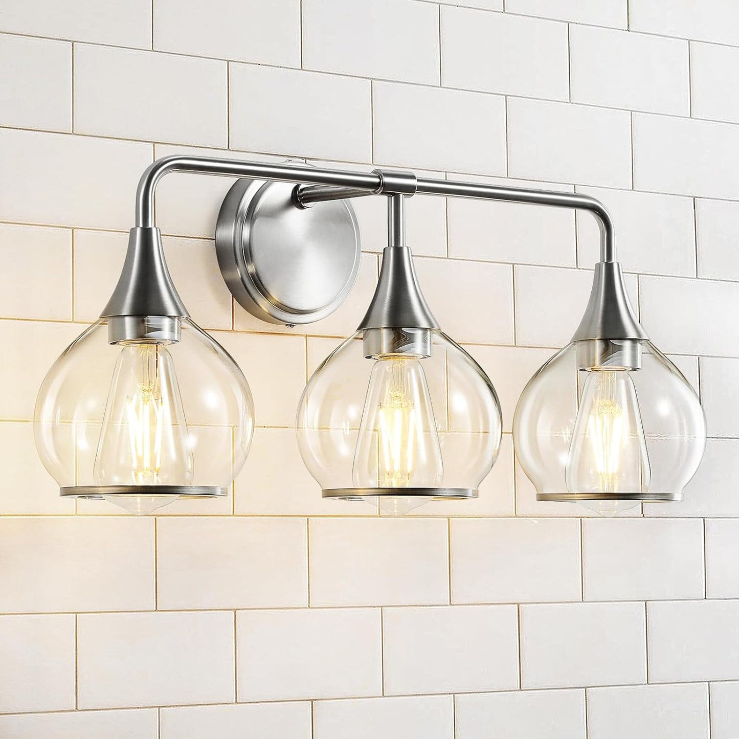 Brushed Nickel Bathroom Vanity Light with Clear Glass Shades